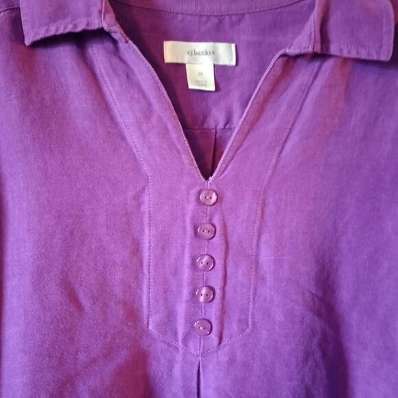 CJ Banks Linen Blend L/S Popover 2X Purple Roll tab Sleeve V-Neck - Picture 2 of 10